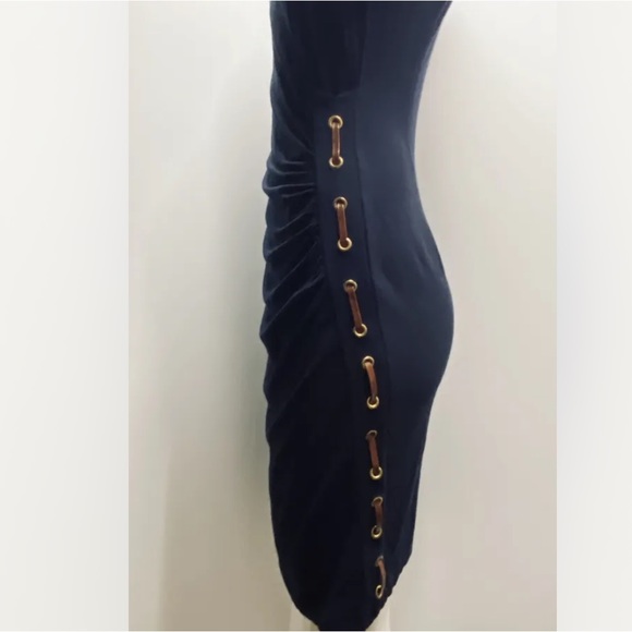 Women’s Dresses, Carmen Marc Valvo, Sz S, Blue with brown leather trim - Picture 2 of 3